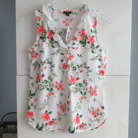 Ann Taylor Floral Sleeveless button down Blouse Shirt -Size XS, White Multicolor - Picture 1 of 13
